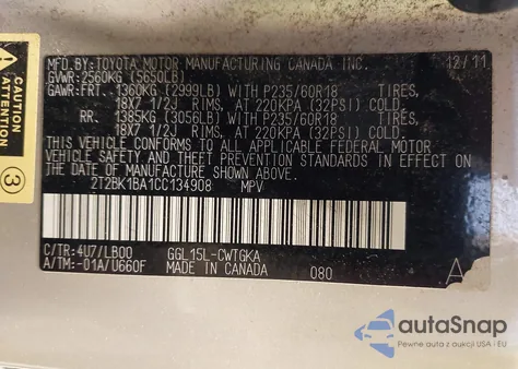 2012 Lexus Rx 350 from USA, damaged, VIN 2T2BK1BA1CC134908